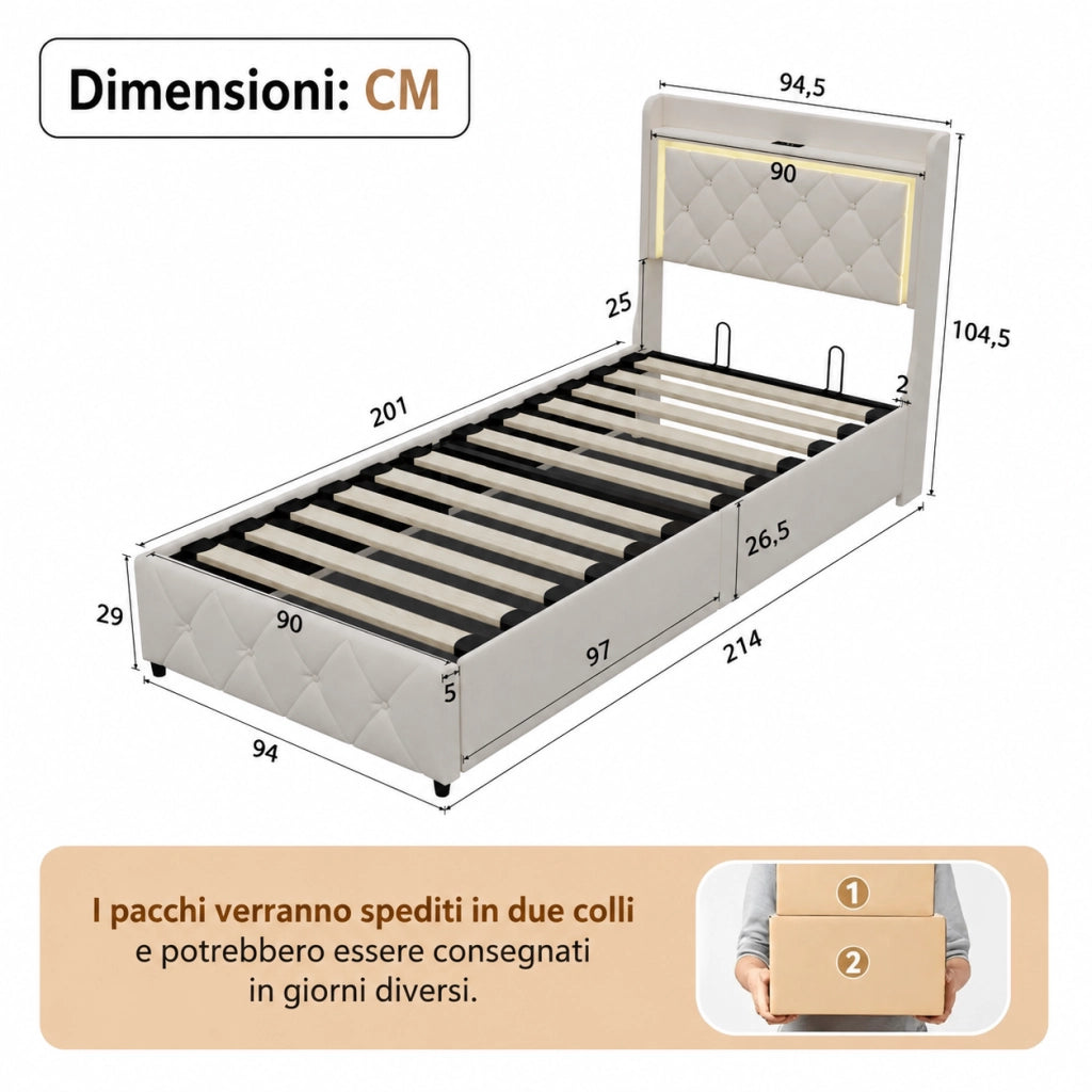 Letto singolo contenitore 90x200 cm in velluto beige, testiera trapuntata con luci RGB‑LED, controllo app e telecomando, sistema di sollevamento idraulico, senza materasso