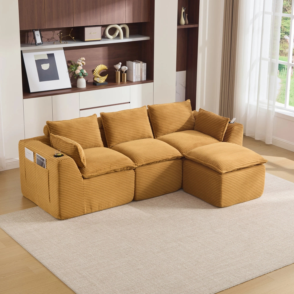 Divano modulare componibile con pouf; corduroy arancione