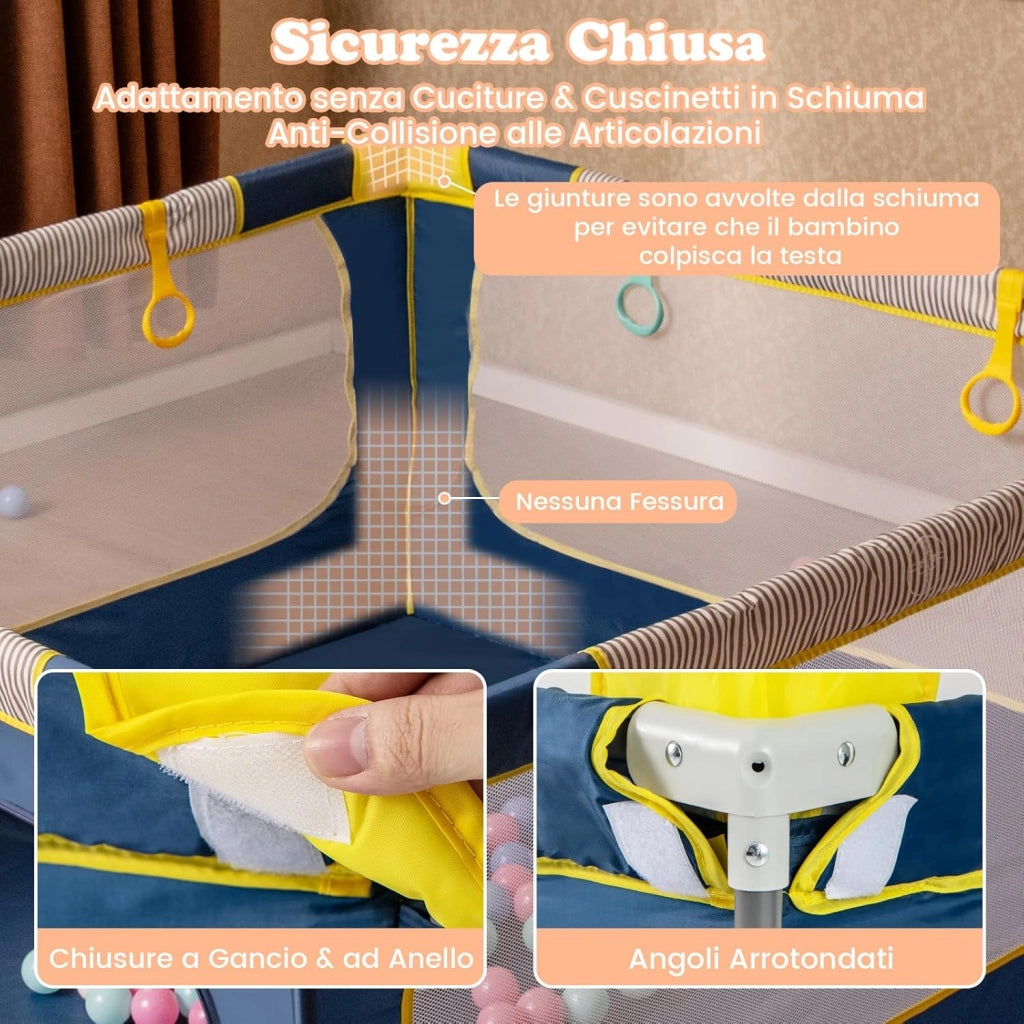 Box per Bambini 150 x 150 cm, Recinto per Neonati Pieghevole in Tessuto Oxford con Rete Traspirante, Centro Attività con 50 Palline, 4 Pezzi Anelli e Borsa (Blu, 150 x 150 cm)
