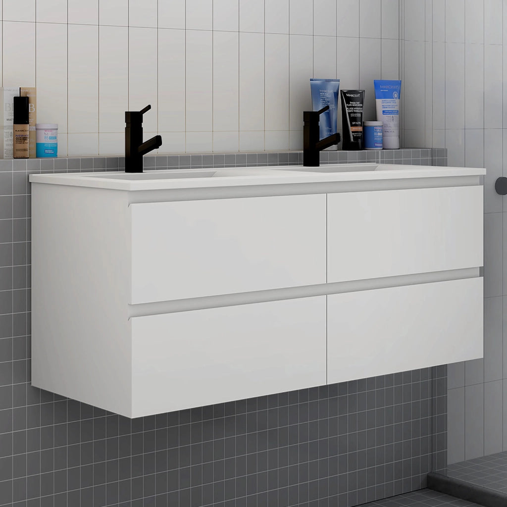 Mobile bagno 120cm con quattro cassetti e doppio lavabo incassato, sospeso, bianco