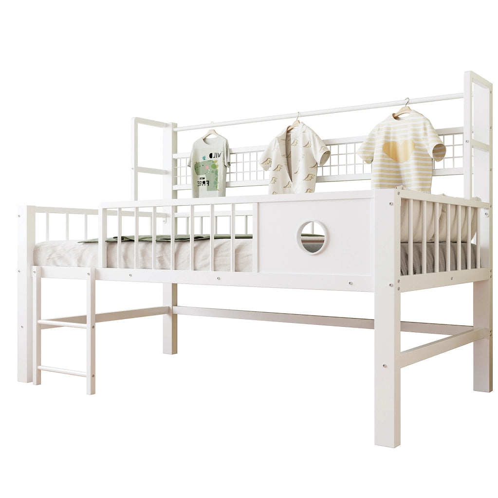 Letto a soppalco basso per bambini 90x200 cm in metallo e MDF; bianco