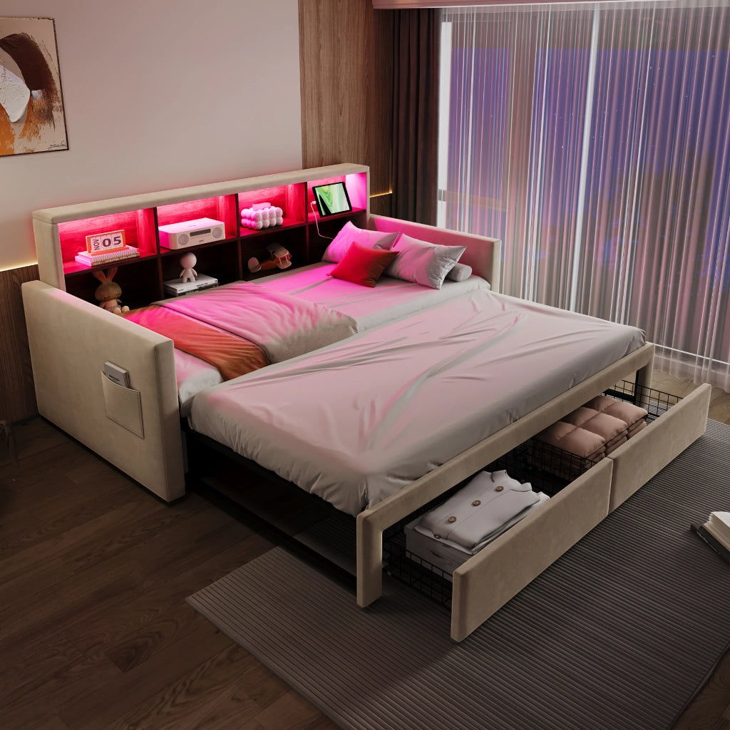 OKWISH Letto Divano, Letto Singolo con Estensione Estraibile, 2 Cassetti, LED, USB e Tipo C, 90 x 190 cm, senza Materasso