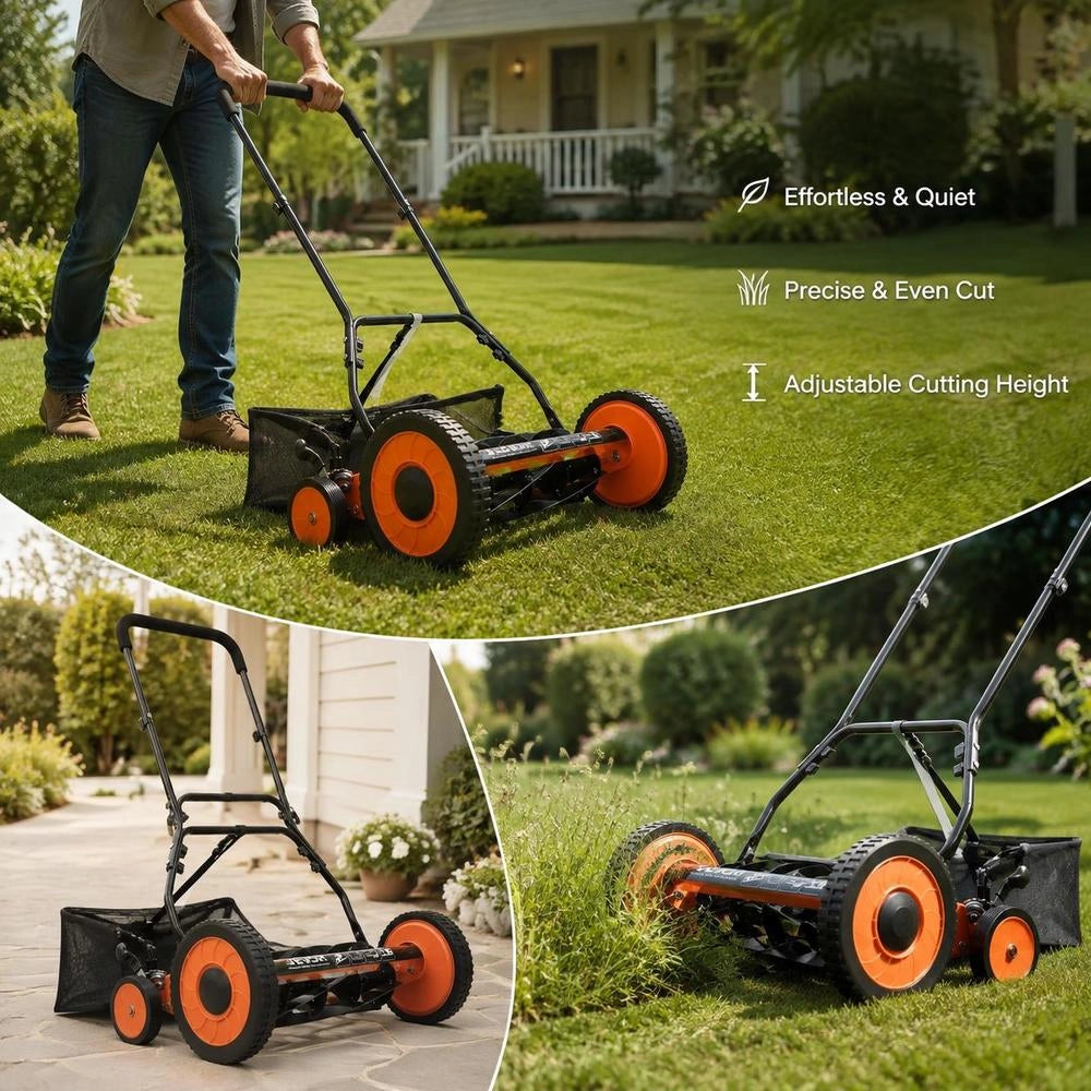 Cylinder Mower With A 450 Mm Cutting Width, Lawn Mower Cutting Height From 35 To 62 Mm, Hand Mower With 5 Blades And Grass Catcher Bag, Ideal For Green Lawns, Driveways, And Courtyards.