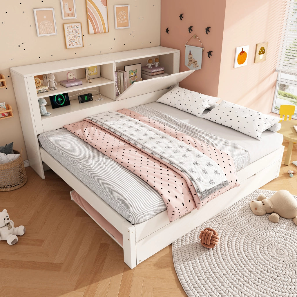 Letto a Divanetto 140x190 cm; Letto Matrimoniale con Estraibile; USB e Type-C - Bianco
