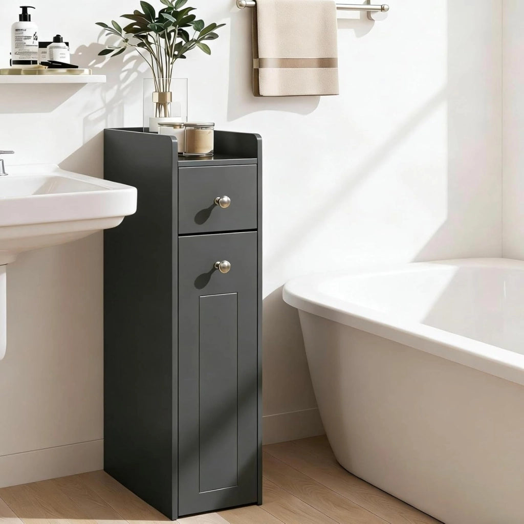 Mobile ausiliario da bagno stretto, armadio sottile per WC con 2 cassetti, 40 x 18 x 70 cm, organizer per bagno, cucina, soggiorno (grigio)