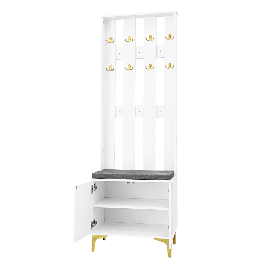 Mobile Ingresso con Panca Scarpiera 2 Ante; Push-to-Open; Ripiani Regolabili; Bianco; in Pannello truciolare; 60;5×35;2×180;5 cm