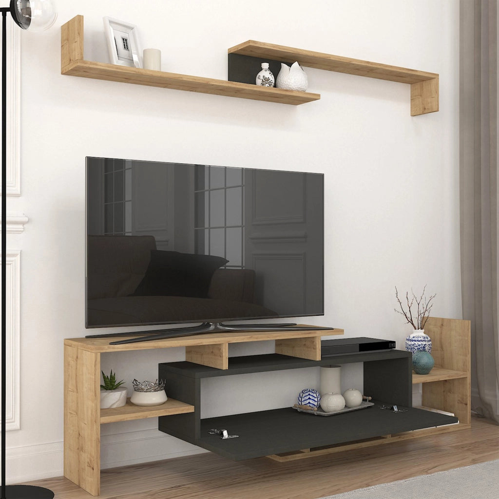 Set Liksefte di Mobile Porta TV e Mensola da Parete - Effetto Rovere Zaffiro / Nero [en.casa]