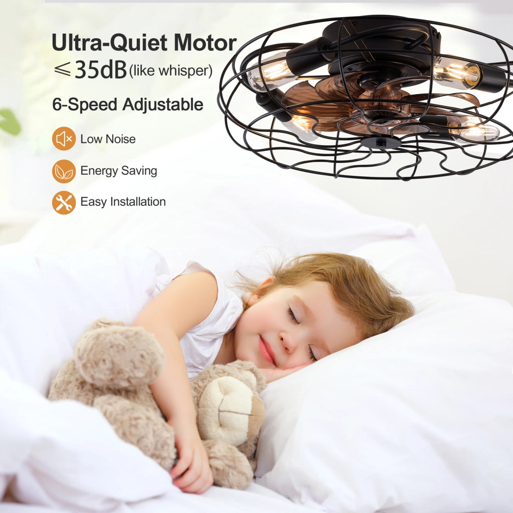 Ventilatore da soffitto con gabbia e luce; 19 pollici; 7 pale; motore reversibile; nero e noce scuro