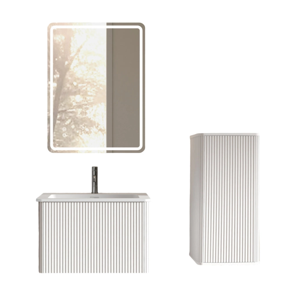 Armadietto da bagno moderno con specchio LED, mobile sospeso sottolavabo, lavabo e colonna laterale, bianco