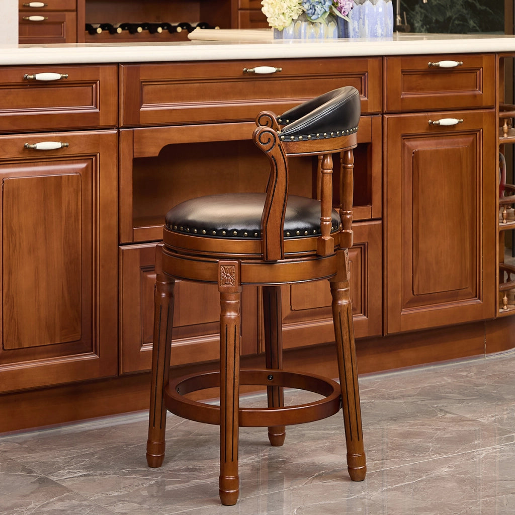 Sgabello da Bar Girevole con Schienale ¨C MINIMAL ¨C Pelle di Vacchetta, Legno, Seduta Alta