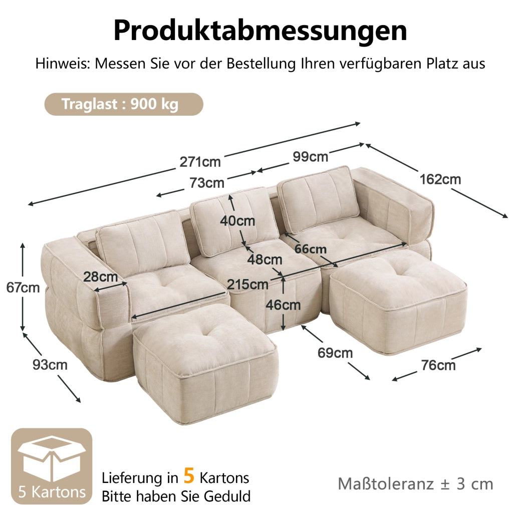 Divano modulare con seduta profonda, pouf e design senza struttura in poliestere beige 271 × 162 × 67 cm