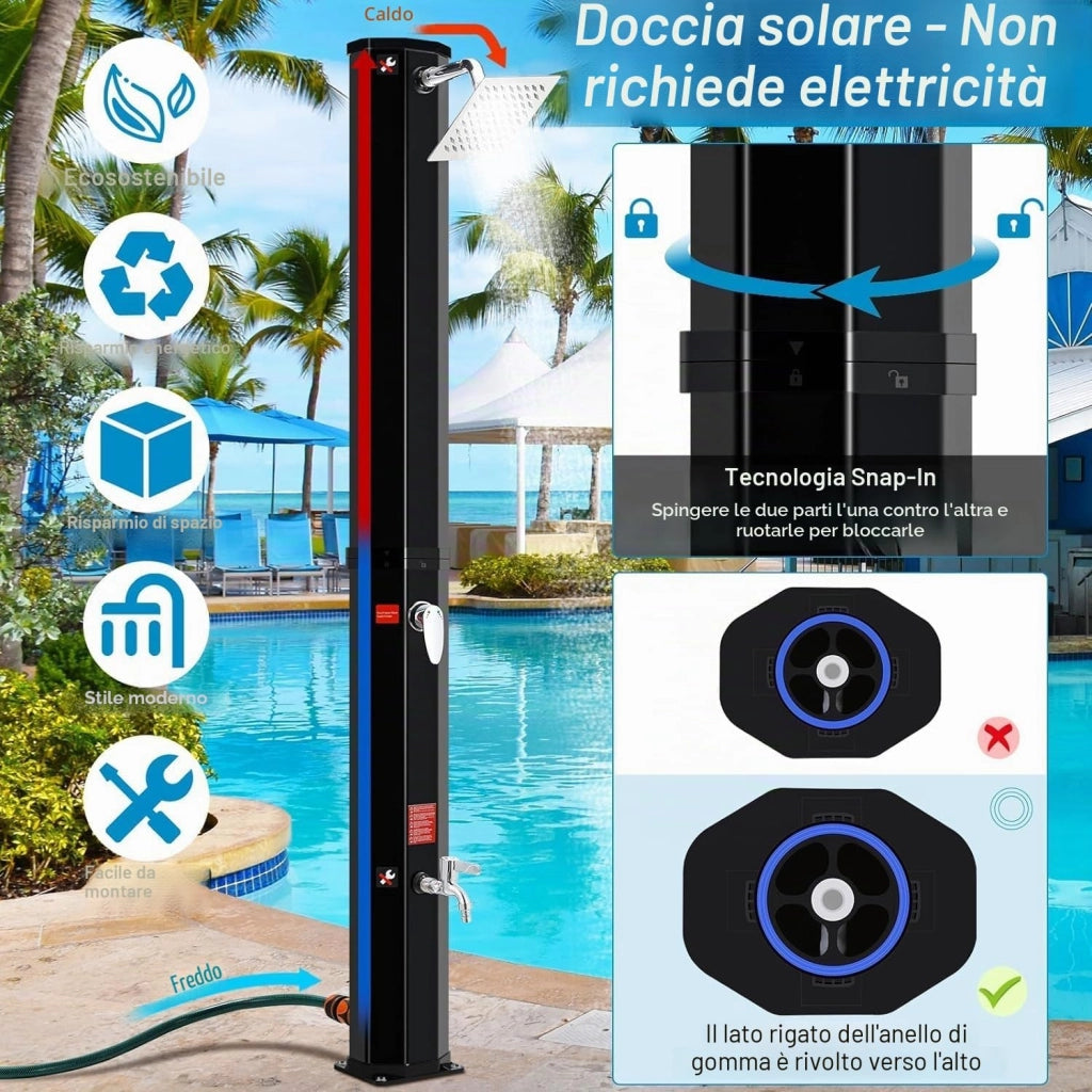 Doccia Solare 40 L, Doccia Solare da Giardino, con Soffione a Pioggia, Rubinetto, Attacco per Tubo da Giardino e Custodia Protettiva, Doccia per Piscina Senza Elettricità, Acqua Calda fino a 60 °C