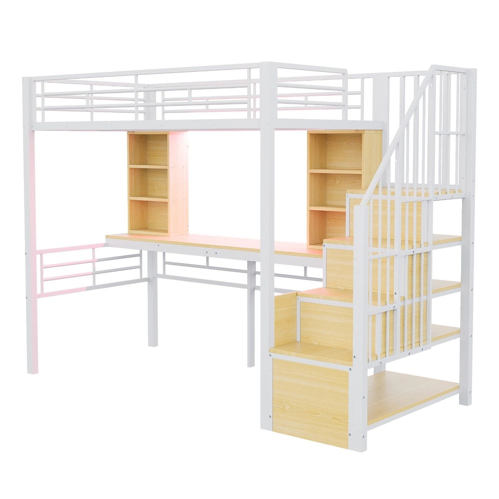 Letto a Soppalco con Scrivania, LED e Contenitore ¨C Xylo ¨C Metallo Bianco 90x200