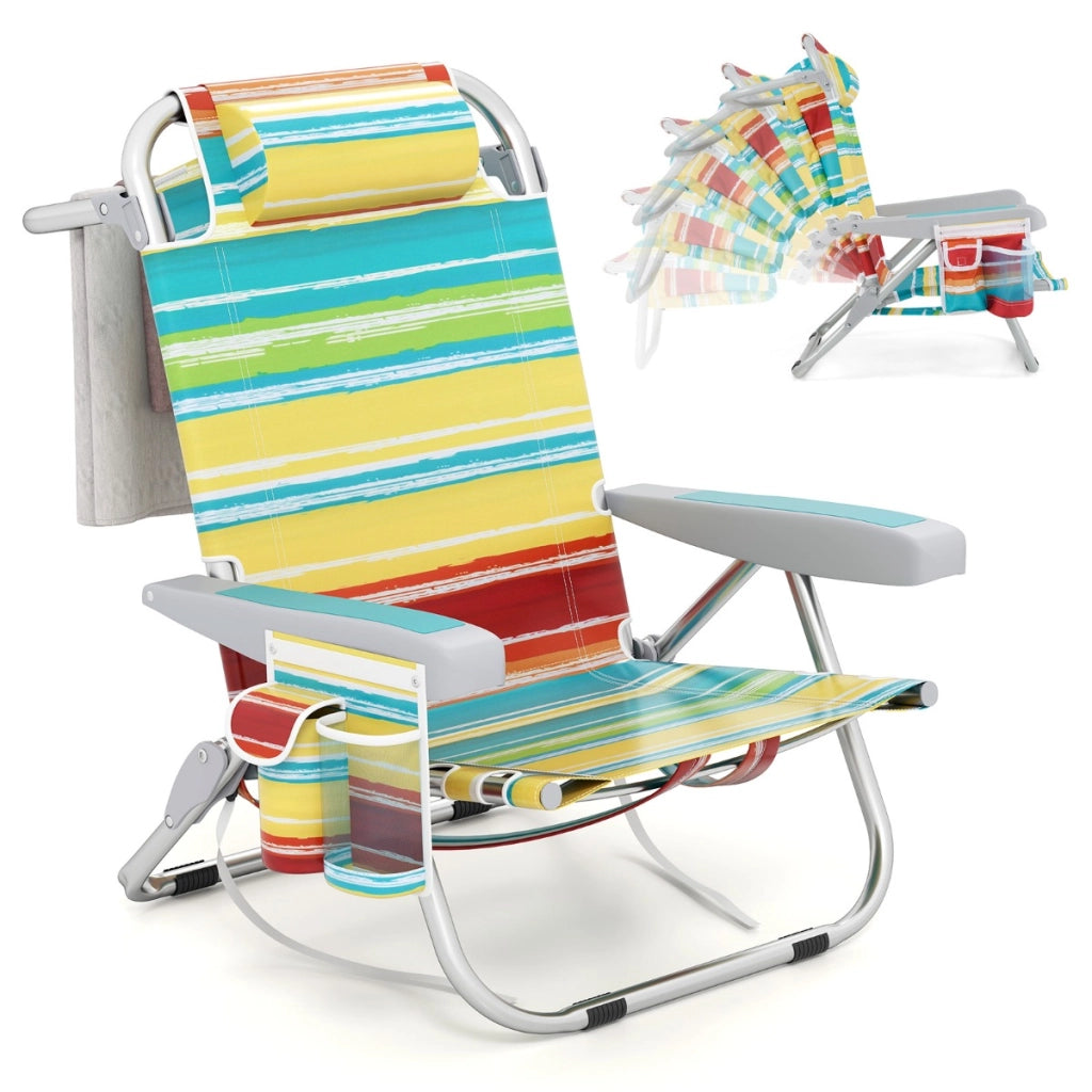 Sedia da spiaggia zaino con portabicchieri tasche portaoggetti spallacci, Sdraio pieghevole a 5 posizioni Colorato 1