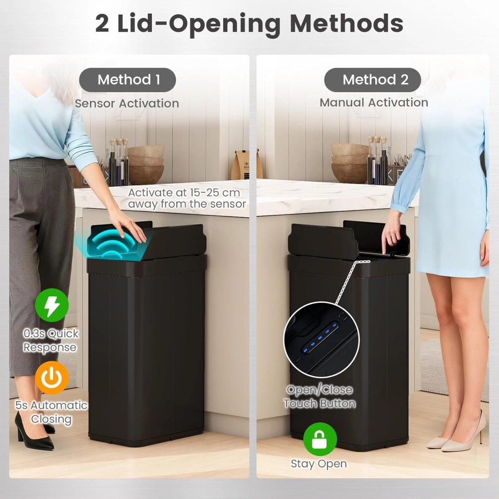 Bidone Spazzatura 60L con Coperchio, Bidone Automatico senza Contatto con Risposta Rapida e Pannello di Controllo, Cestino in Acciaio Inox con Sensore di Movimento per Bagno e Cucina (Nero)