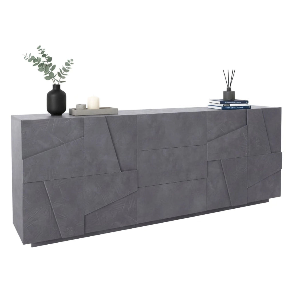 Credenza moderna a 4 ante e 3 Zeus, Made in Italy, Madia da cucina, Buffet di design da soggiorno, cm 224x44h86, colore Grigio Ardesia