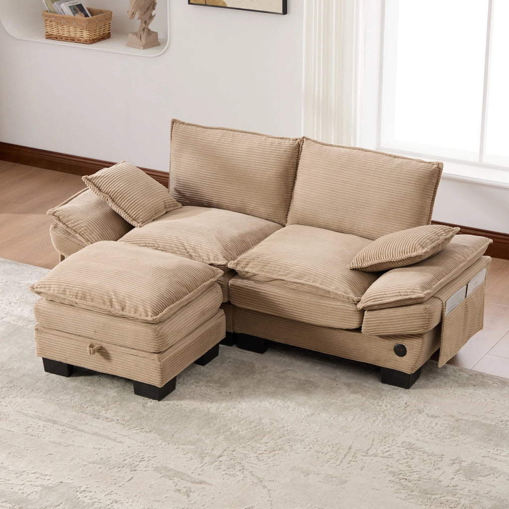 Divano a 2 posti in corduroy con pouf, ampia seduta ergonomica, USB-C e tasche laterali, per soggiorno, khaki