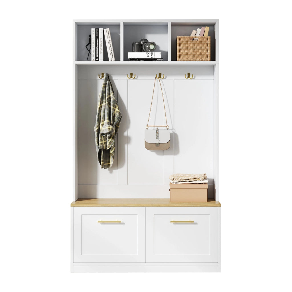 OKWISH Mobile da ingresso con 2 Ante, Panca, 4 Ganci e Vani Aperti, MDF, Naturale e Bianco, 105 x 40 x 180 cm