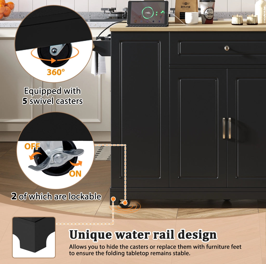 Isola da cucina mobile con piano ribaltabile; prese AC USB e USB-C; MDF; nero naturale
