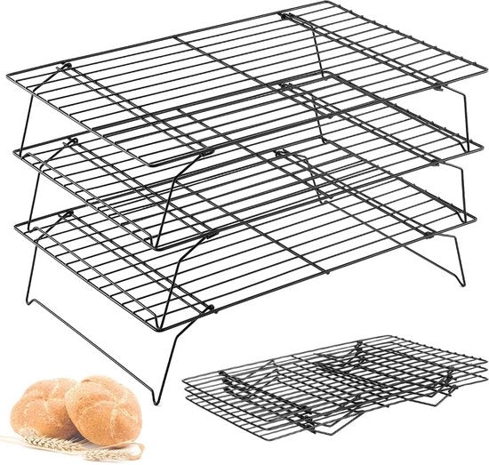 Torta 3 livelli, griglia refrigerante in acciaio inossidabile, rivestimento antiscivolo, griglia per torta di 40x25 cm, accessori per la cucina, griglia per muffins, pizza, cupcakes e grigliatura, compatibile con stampi per torte e teglie da forno