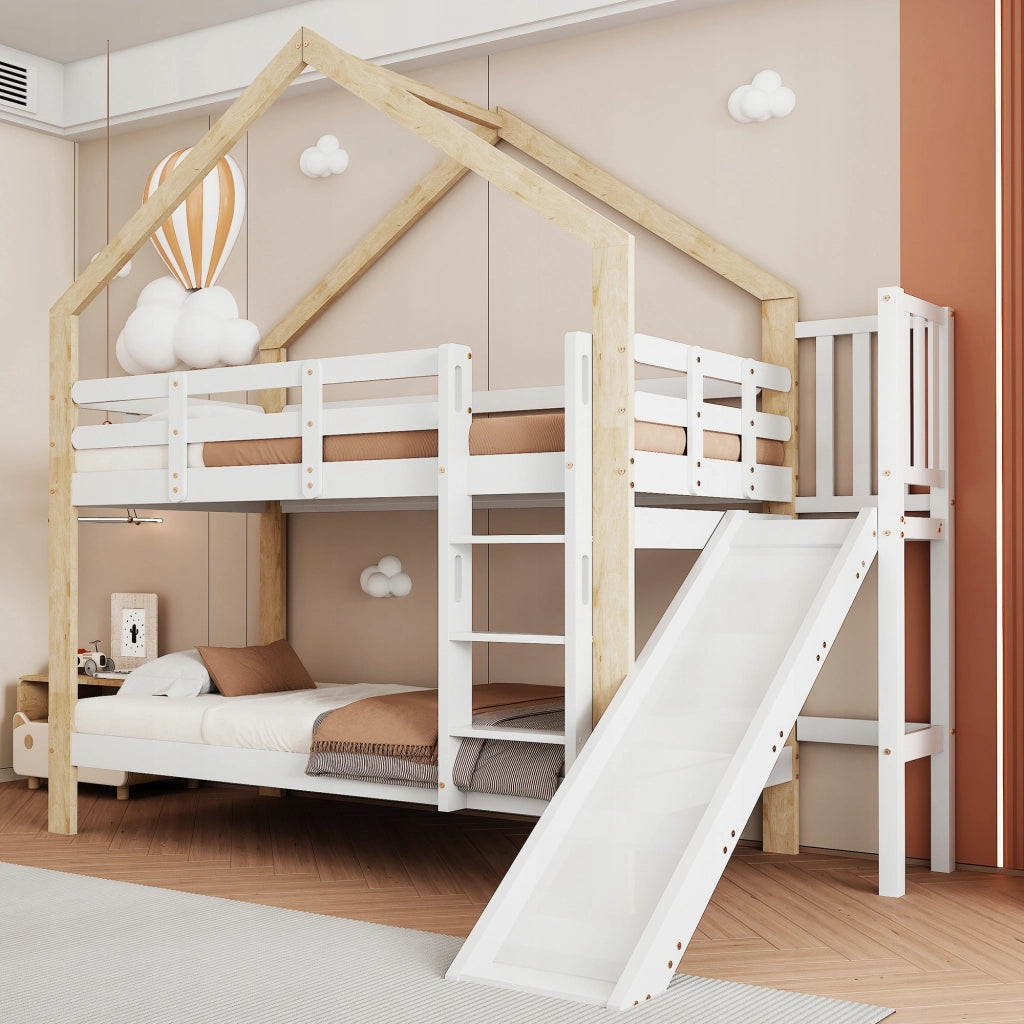 Letto a castello 90x200 - Xylo - Bianco/Naturale con scivolo e scala
