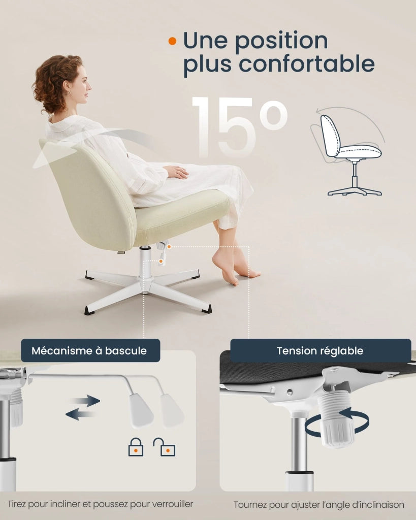 Sedia da ufficio ergonomica in stile moderno con base a croce seduta ampia e comoda altezza regolabile sedile girevole tessuto in cotone-lino bianco crema 12_0006057