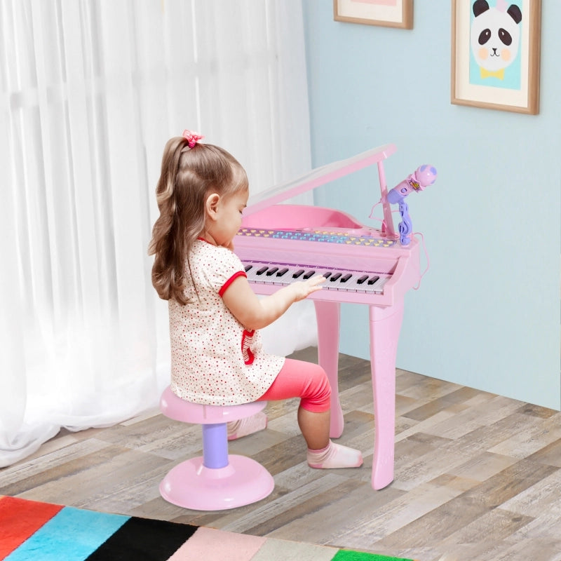 Tastiera per bambini con 37 tasti, sgabello con pianoforte e microfono, modalit¨¤ di apprendimento a LED, funzione di registrazione, strumento