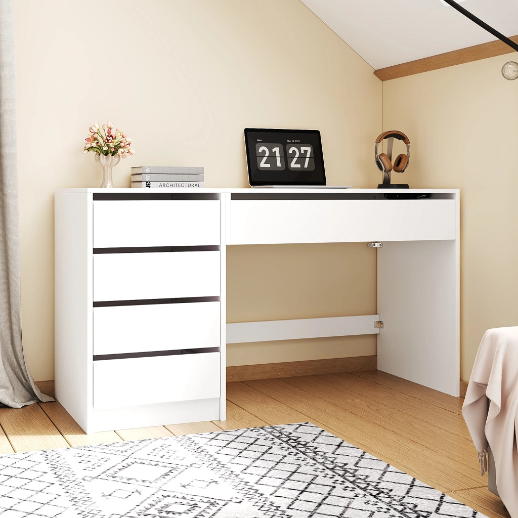 Scrivania bianca regolabile in altezza 120×50 cm con 4 cassetti e vano nascosto