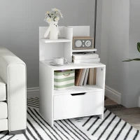 Comodino Tavolino Da Notte Con Cassetto, Nicchia E Mensole Di Archiviazione Effetto Legno 45 x 35 x 73 cm Bianco