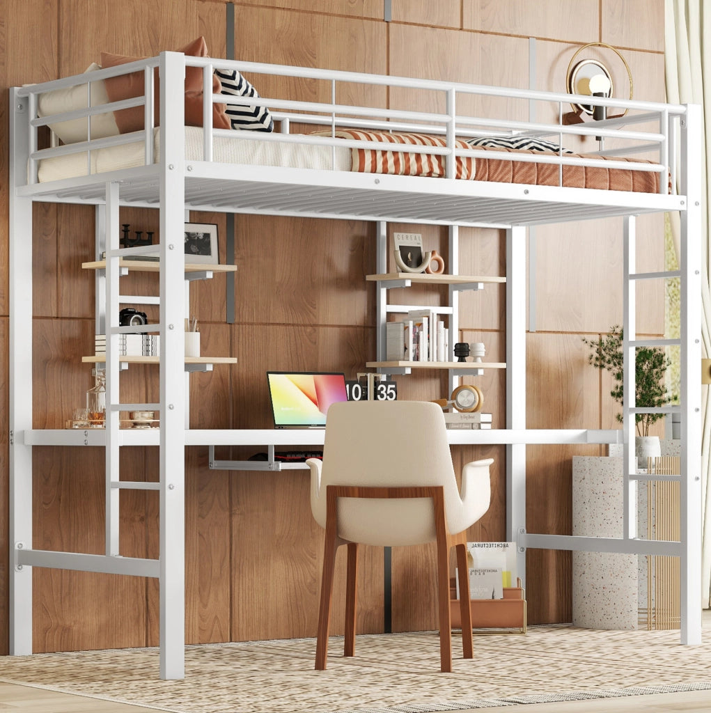 Letto a soppalco 90x200 cm bianco in metallo con scrivania e 2 ripiani