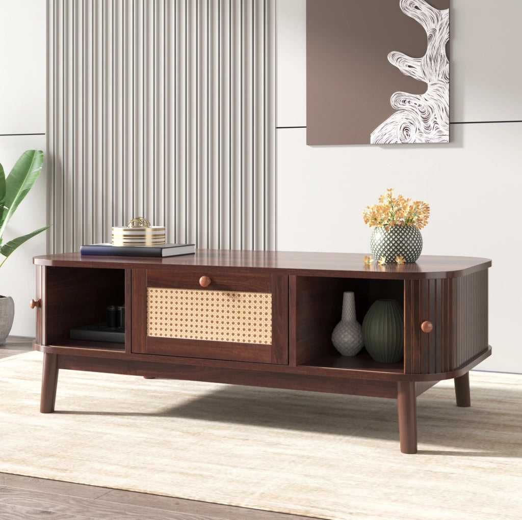 Tavolino da caffè 110 cm con rattan, ante scorrevoli e cassetti