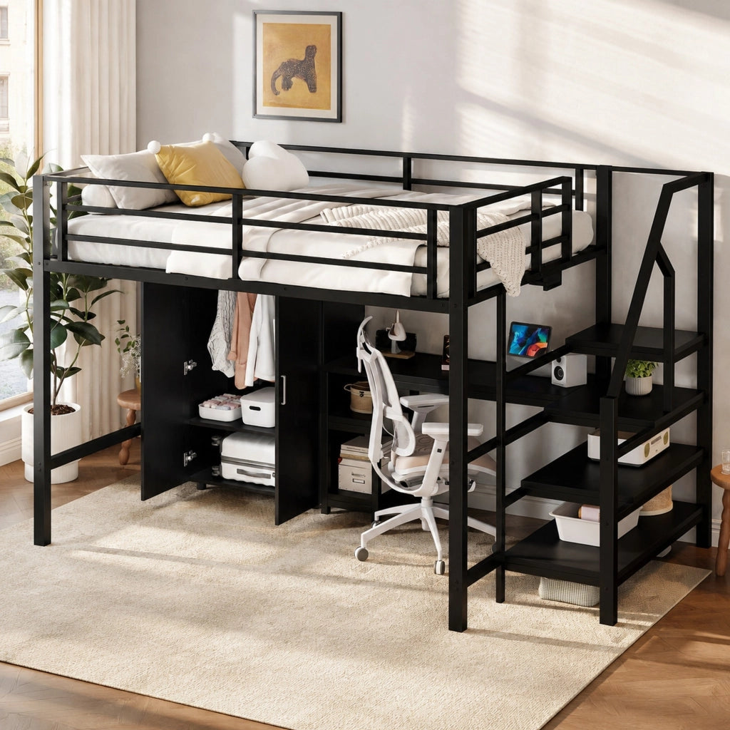 Letto a soppalco 140x200 cm nero con scrivania, armadio, mensole e scala contenitore