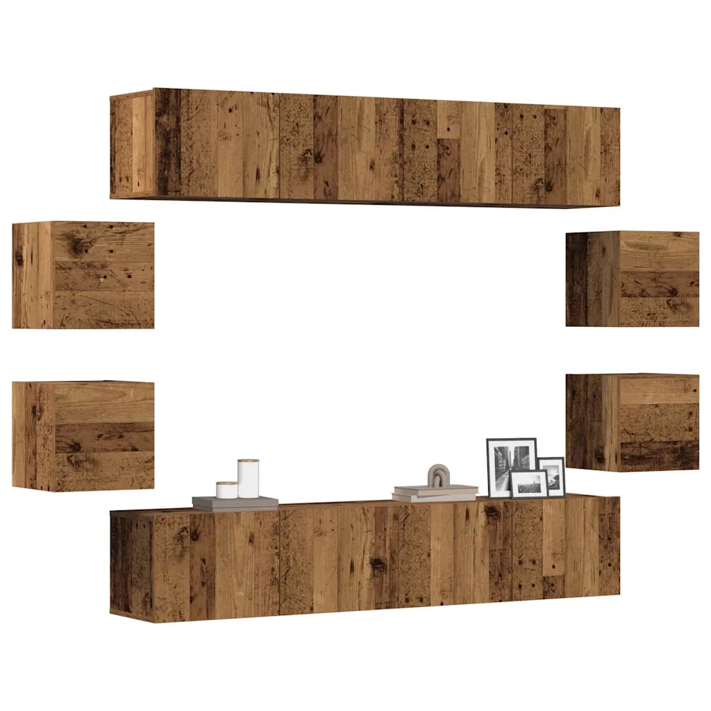 Set Mobile TV 8 pz-Set di 8 Credenza per TV Montato a Parete Legno Antico in Truciolato
