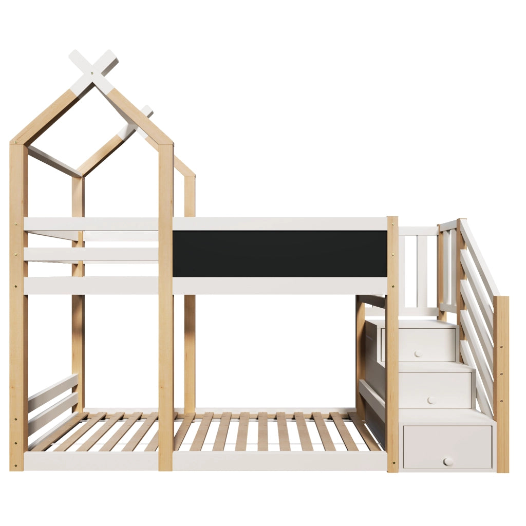 Letto a castello per bambini 90x200 cm con design baita, lavagna frontale e scale contenitore, bianco