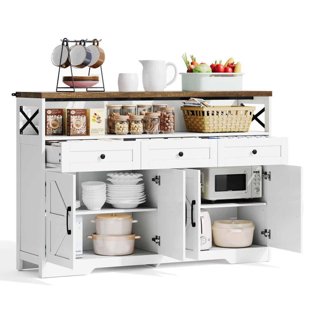 Buffet Anrichte 140 cm con 3 cassetti, 2 armadi e vani aperti, design rustico moderno in MDF, bianco e marrone