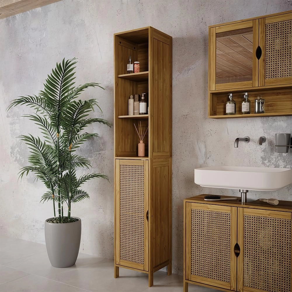 Mobile da bagno Liora, Bambù, 30 x 170 cm, per la conservazione di articoli da bagno e asciugamani