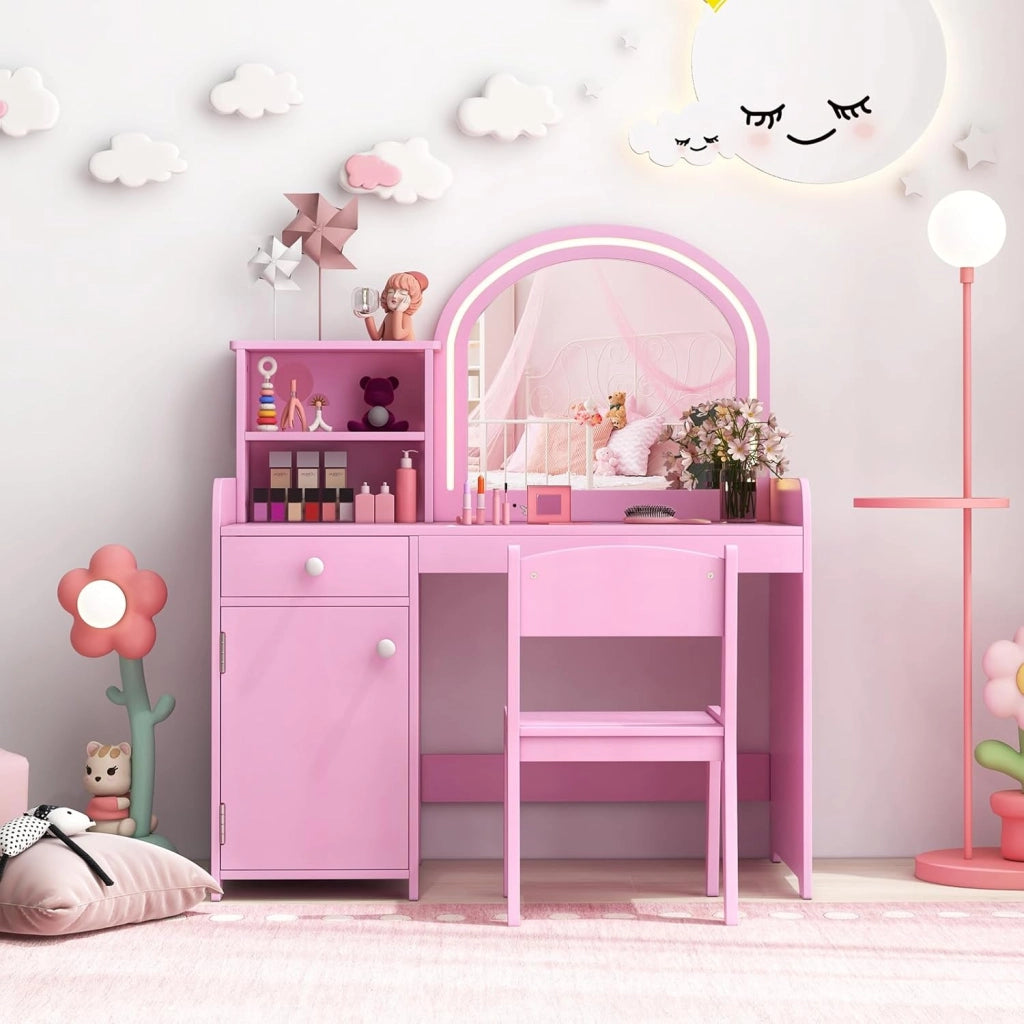 Toeletta Trucco 2 in 1 per Bambina, Specchiera per Ragazza in Legno con Mensole, Cassetto, Ripiani e Luci LED Regolabile, Postazione Trucco per 3 Anni, 80 x 40 x 94 cm (Rosa)