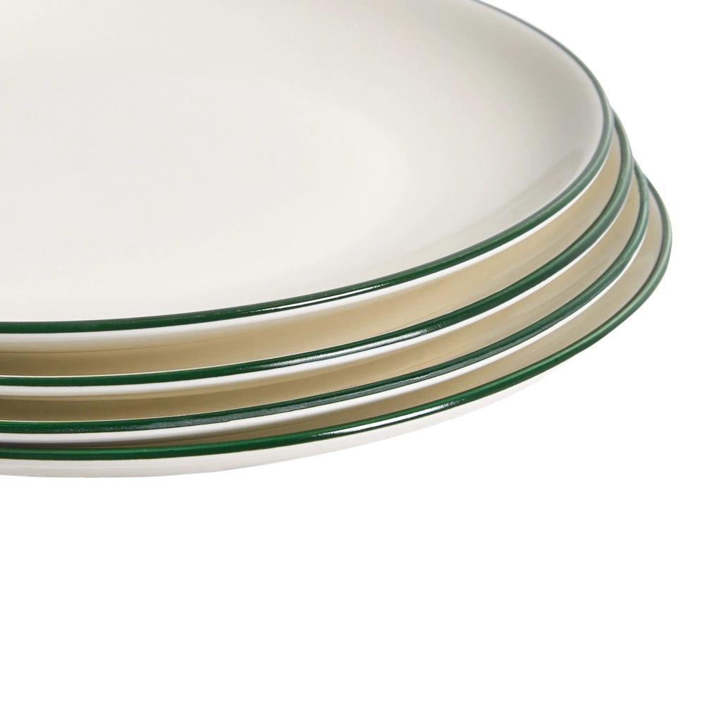 Set da 12 stoviglie in porcellana con bordi decorativi bianco sporco e verde finitura smaltata trasparente per cucina e sala da pranzo