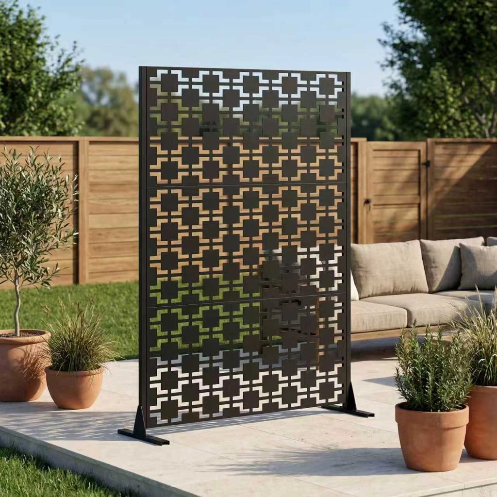 Pannello divisorio da esterni in metallo nero autoportante con base stabile e montaggio rapido 183 × 116 cm