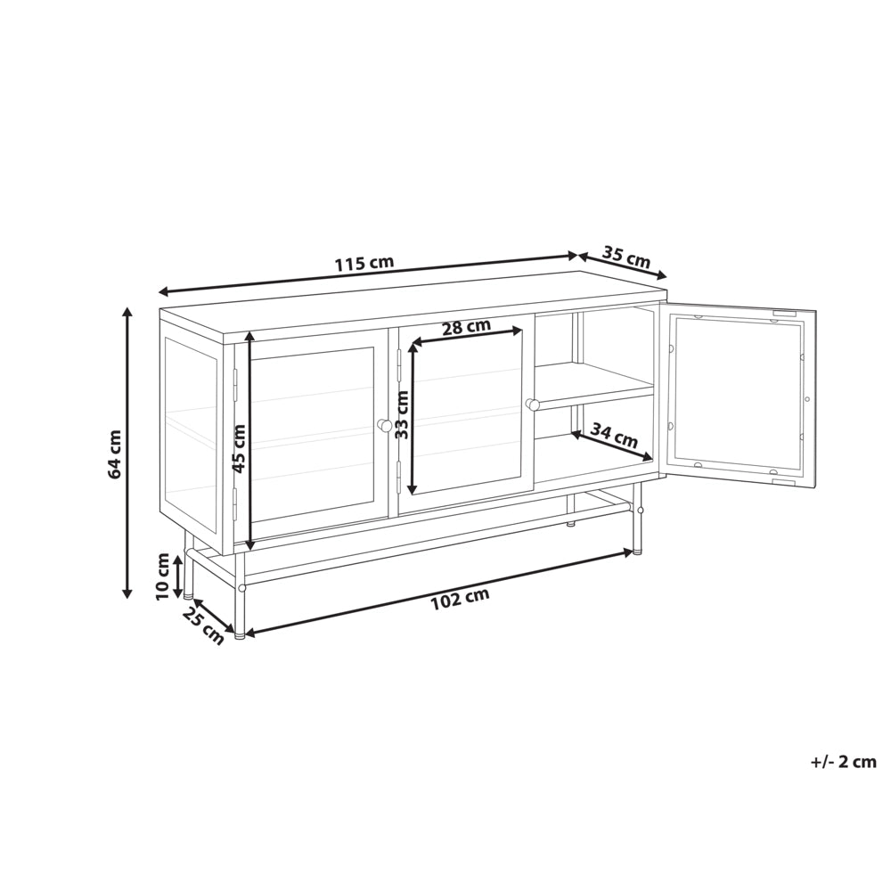 Credenza a 3 ante in metallo verde e vetro con ripiani 115 x 35
