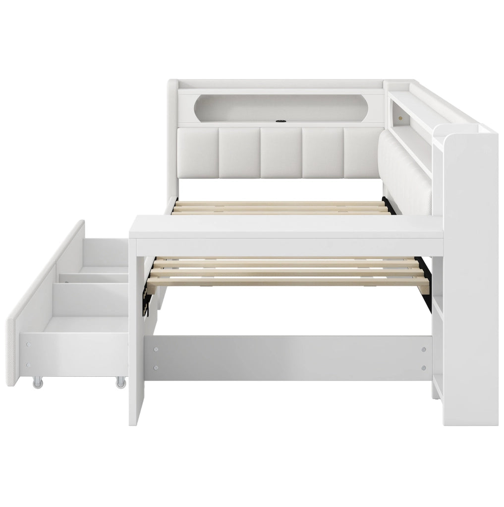 Letto daybed 90x200 cm con USB; LED; scrivania e 2 cassetti in MDF; multistrato e imbottito bianco