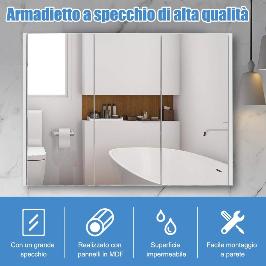 Mobile a Specchio per Bagno Armadietto Arredo con Specchio a Parete con 3 Ante e 2 Ripiani Regolabili in Altezza, Bianco, 90 x 11 x 65 cm