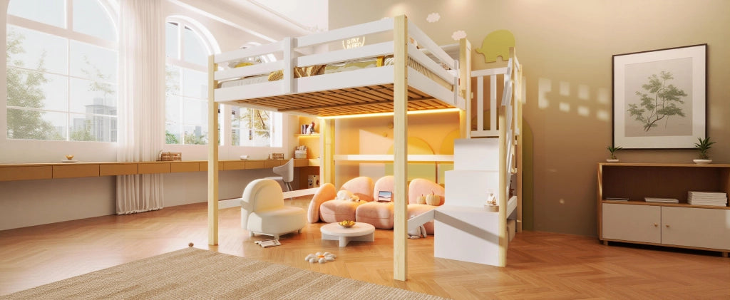 LETTO a soppalco 90x200 cm Bianco/Naturale con scala contenitore e LED