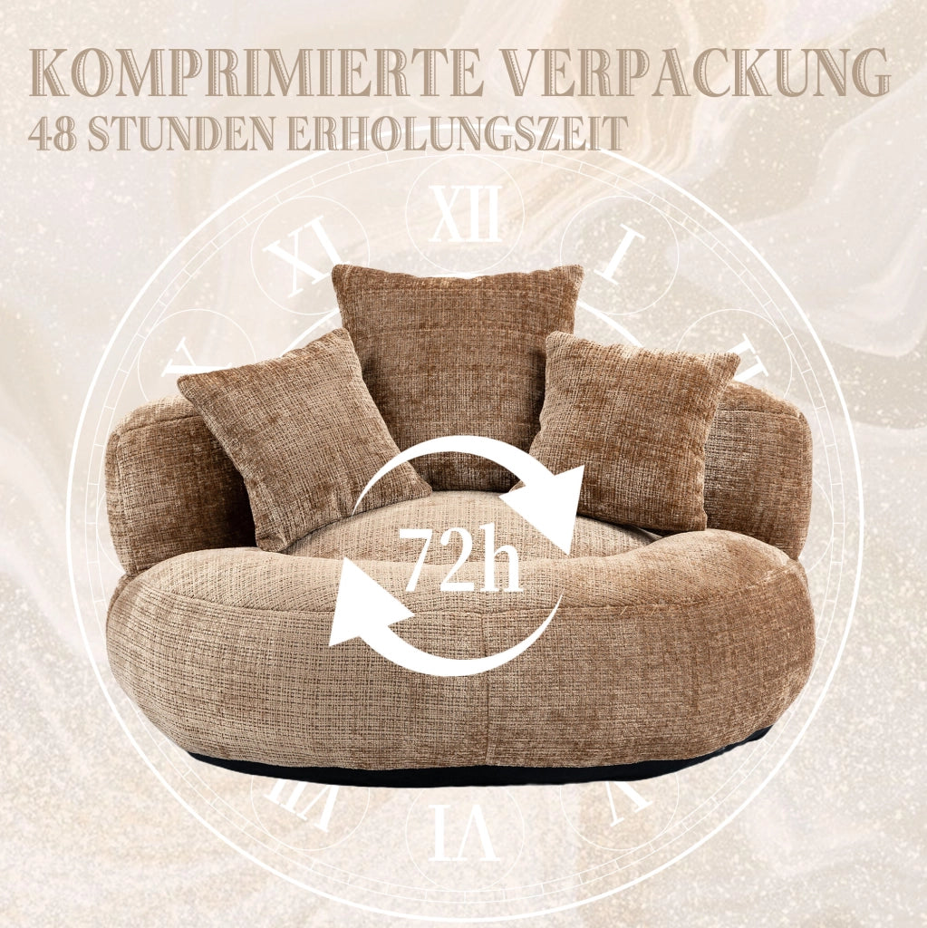 Poltrona lounge a sacco in chenille marrone; 108 x 108 x 52 cm; con braccioli e schienale alto