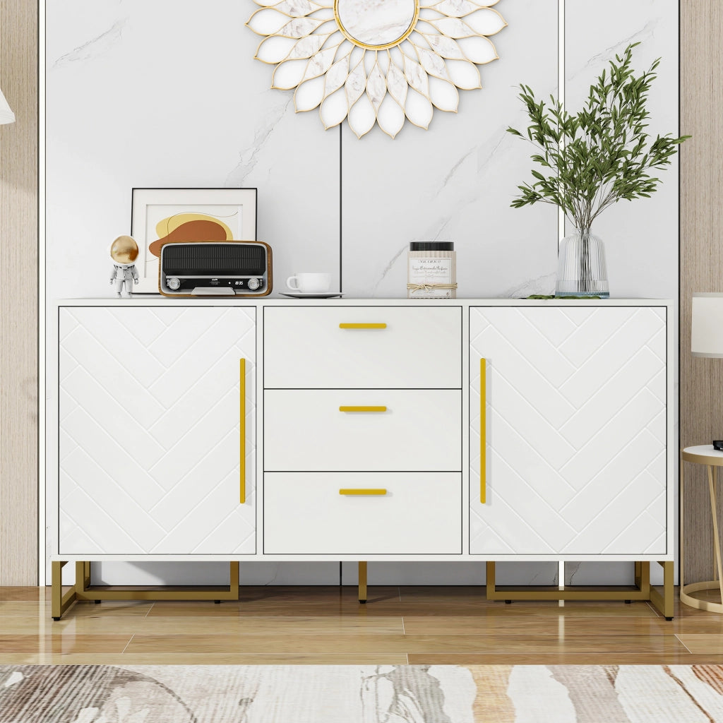 Credenza con 2 ante; 3 cassetti e ripiani regolabili per soggiorno in MDF e PB 145×40×75 cm bianco
