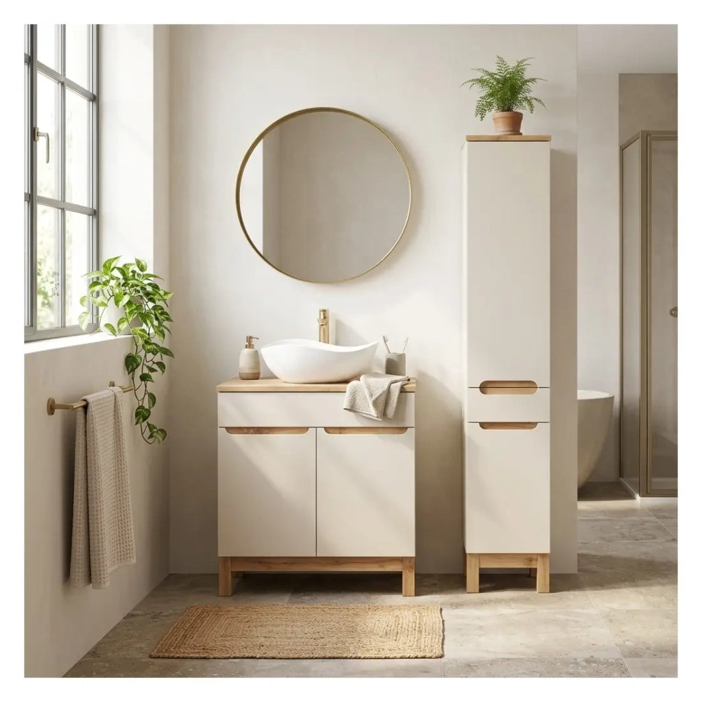 Set da bagno ERMANO cachemire e finitura quercia 115cm: mobile sotto lavabo + piano per lavabo + colonna