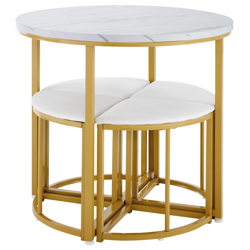 Set da pranzo con tavolo rotondo 80x80x75 cm e 4 sedie; MDF bianco e metallo oro