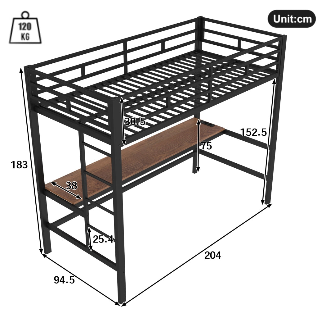 Letto a soppalco 90x200 cm in metallo e MDF con scrivania; luce LED APP; USB e presa; nero