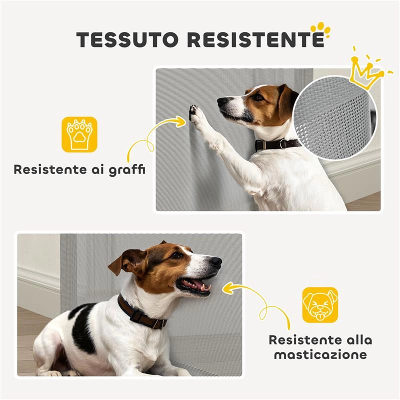 CANCELLINO PER CANI ESTENSIBILE FINO A 115 CM, IN POLIESTERE E ACCIAIO, 115X82.5 CM, BIANCO E GRIGIO