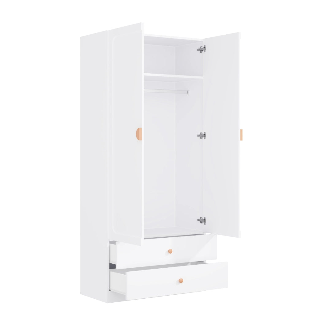 Armadio 90x45x200 cm con 2 cassetti e asta appendiabiti in legno MDF e acciaio bianco